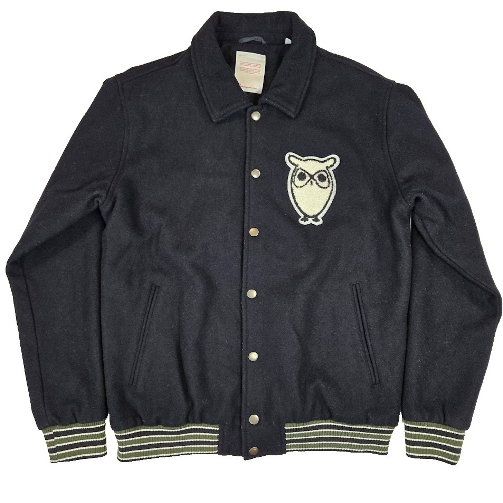 Knowledge Cotton Apparel Wool Blend Varsity‎ Jacket Men's L Navy Blue Owl